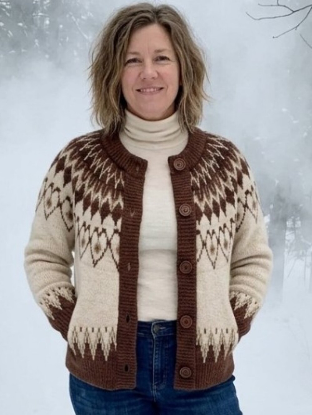 Nordic-Pattern Cream and Brown Button-Up Cardigan Sweater